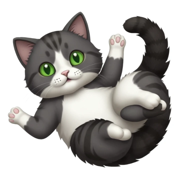 solid dark grey cat with green eyes, white toes/paws and white patch on her chest playfully rolling upside down sticker