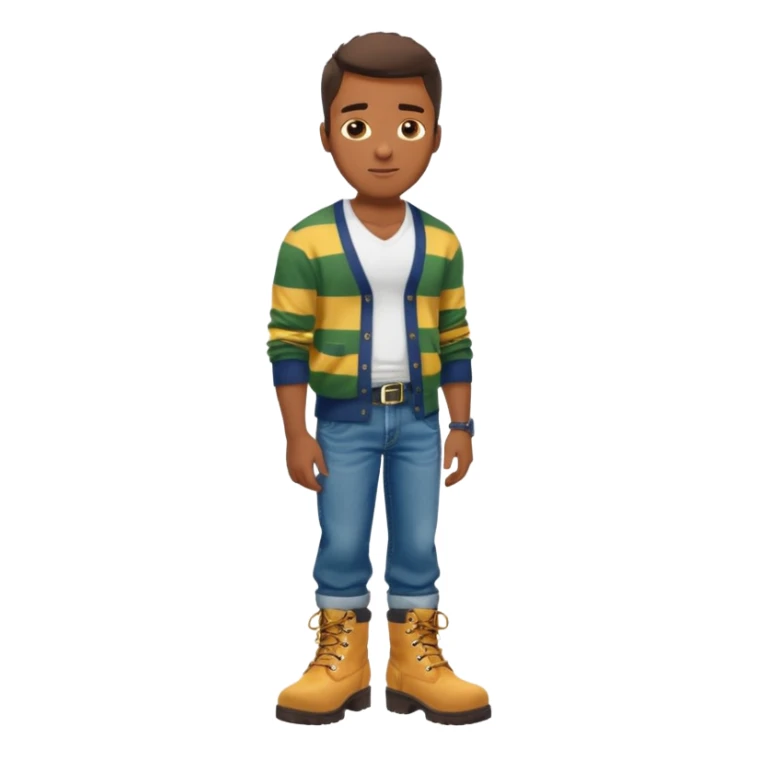 Handsome Black guy with brown skin tone, with lean muscular build, wearing baggy blue jeans, a white v-neck t-shirt, a yellow and green striped cardigan sweater, and timberland boots  sticker