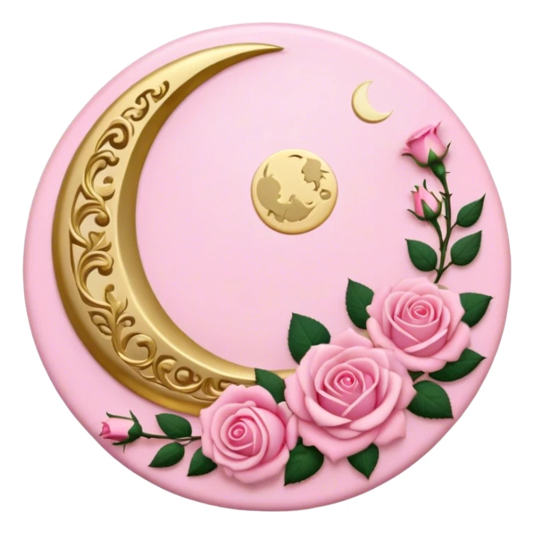 A round pink button with a cream colored crescent damask moon and pink roses in the center sticker