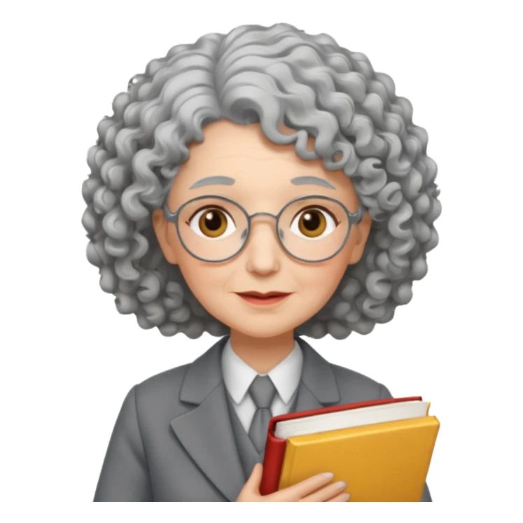 elderly female, curly hair, holding book, wearing gray suit sticker