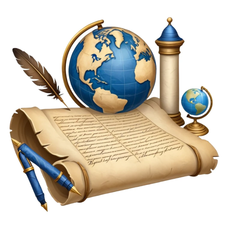 An icon featuring an ancient scroll, a quill pen, and a globe, symbolizing the study of history. The design includes a timeline with significant historical events, with ruins in the background to evoke past civilizations. Transparent background emphasizes the exploration of human history sticker