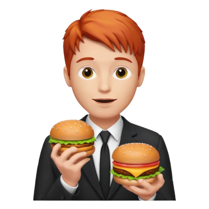 red haired male wearing suit eating hamburger sticker