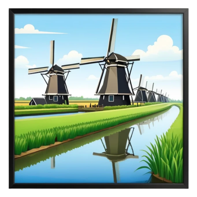 cinematic-realistic-kinderdijk-windmills-landmark-emoji,-showcasing-traditional-dutch-windmills-aligned-along-a-tranquil-canal,-with-lush-green-fields in a picture frame sticker