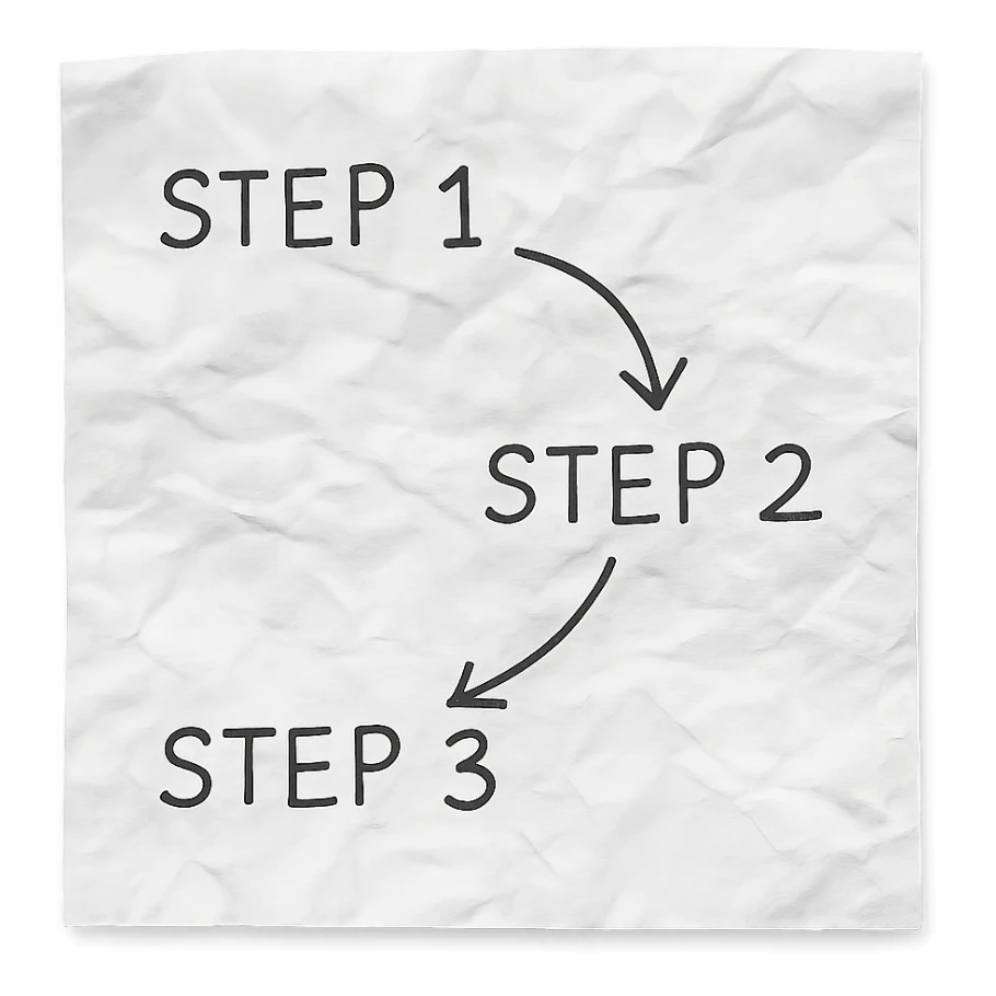 Draw step 1, step 2, and step 3 in a hand-drawn pen sketch style, connected with arrows, on a realistic crumpled white paper sheet isolated on a white background. The style should resemble a pen schematic drawing with clear, simple lines and a natural paper texture. sticker