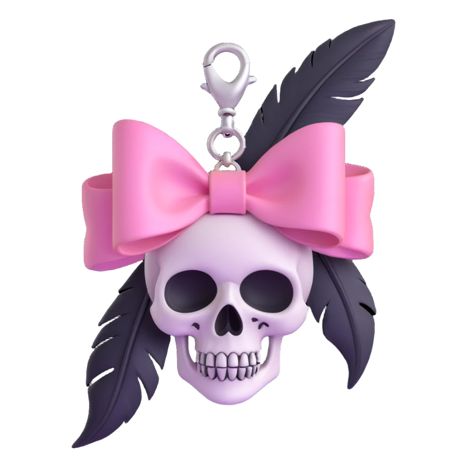 3D emoji style pink bow with gothic effect, pastel pink to black gradient, black feather accents, silver skull charm sticker