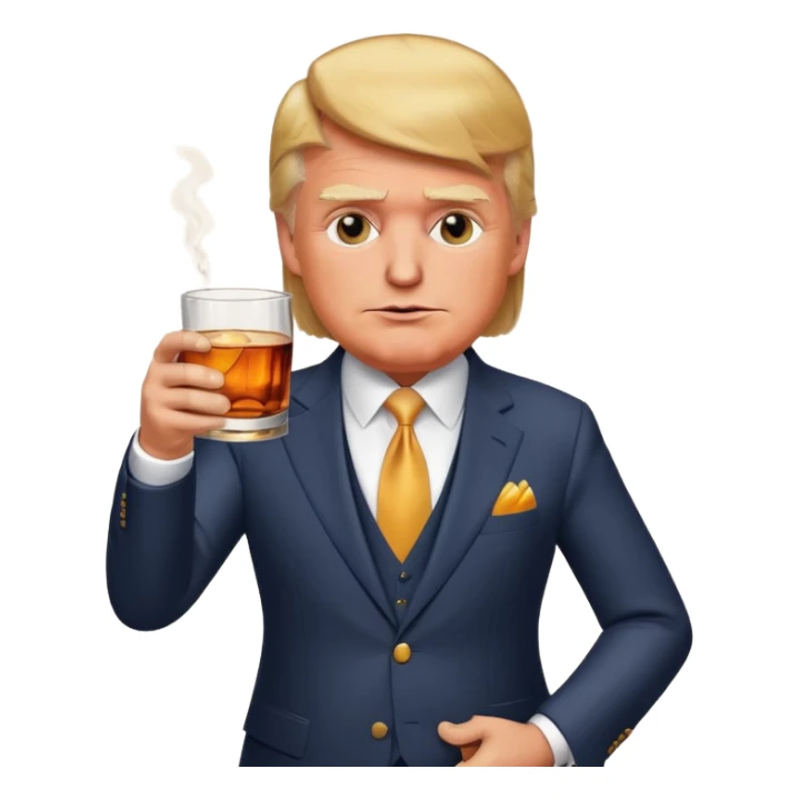 Donald Trump drinking whiskey, wearing a suit, with a confident smirk, holding a glass of amber whiskey, detailed facial expression, elegant background, stylish lighting, cartoonish emoji style. sticker
