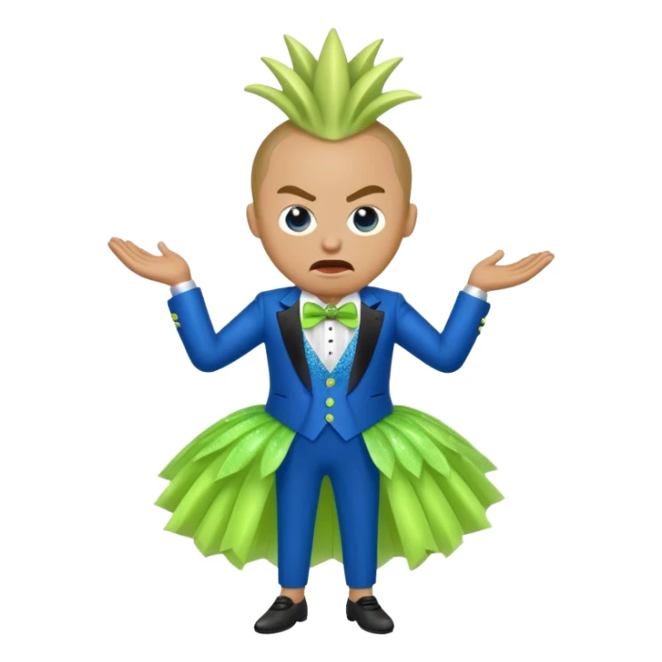 Angry blue banana wearing a sparkly lime green tuxedo and tutu sticker