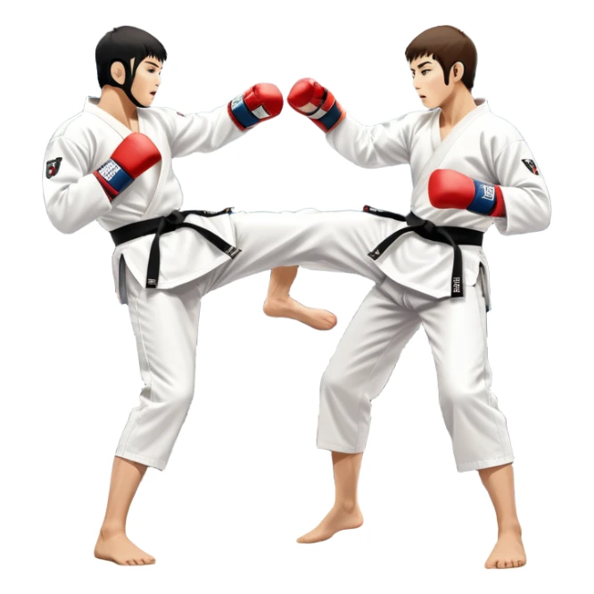 Two taekwondo fighters in traditional white doboks with black belts. One delivers a powerful kick, while the other defends by blocking with his knee. The background shows a professional arena with bright lights and an excited crowd. Transparent background highlights the intense action sticker