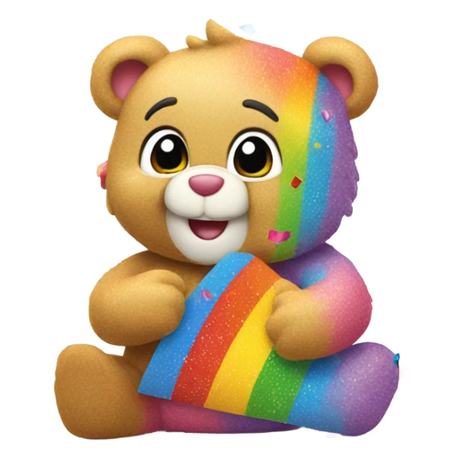 Carebear holding rainbow stuffed animal with confetti and sprinkles all over him sticker