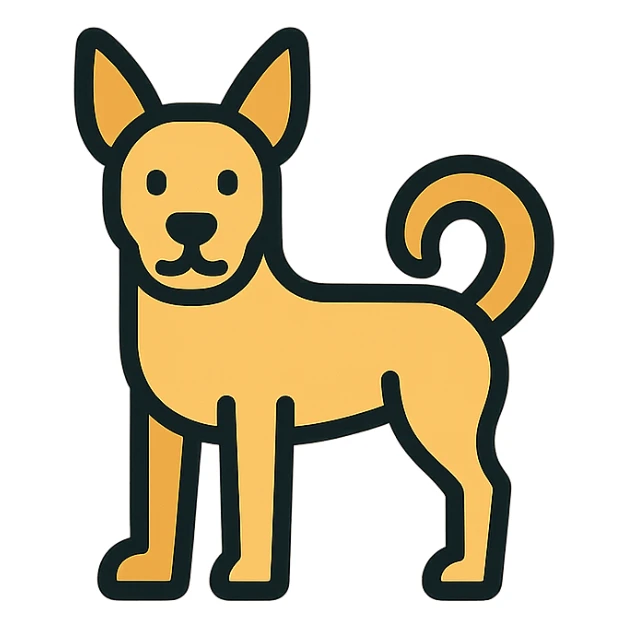 medium-sized sandy colored dog with one back leg missing, tail curled up onto its back, attentive upright ears, modern color outline icon style sticker