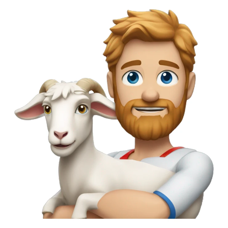 Man holding a goat, redish hair redish scruffy beard, blue eyes, wearing a superman outfit sticker