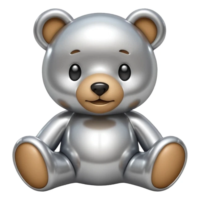 A cute teddy bear emoji made of liquid silver chrome, smooth rounded body, glossy metallic surface, soft reflections, friendly proportions, iOS emoji style, centered, clean white background sticker