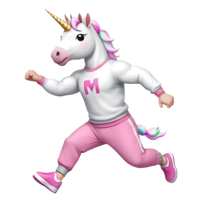 friendly anthropomorphised male white unicorn with a fit, chunky, muscular and strong physique, arms and legs matching the white of the head, wearing grey tracksuit pants and pink jumper, sunglasses, jumping for joy sticker
