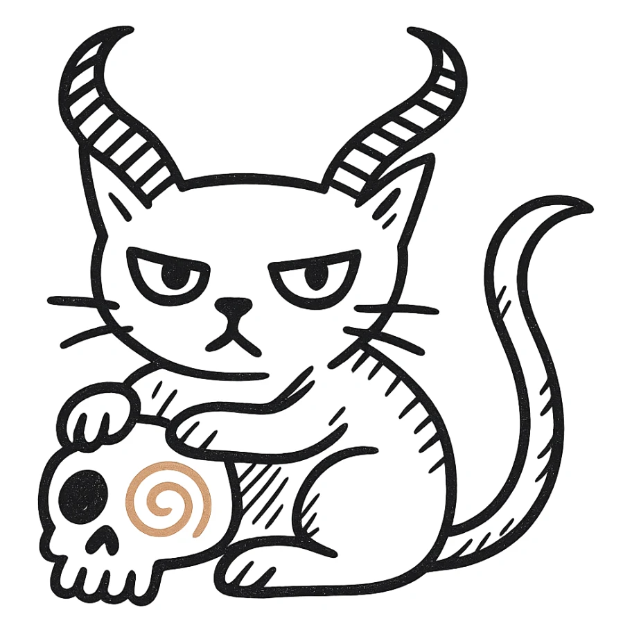 Remove the lollipop from the cat's horn, hand drawn style with dynamic outlines, no fill, preserve the red spiral on the skull, transparent background. sticker