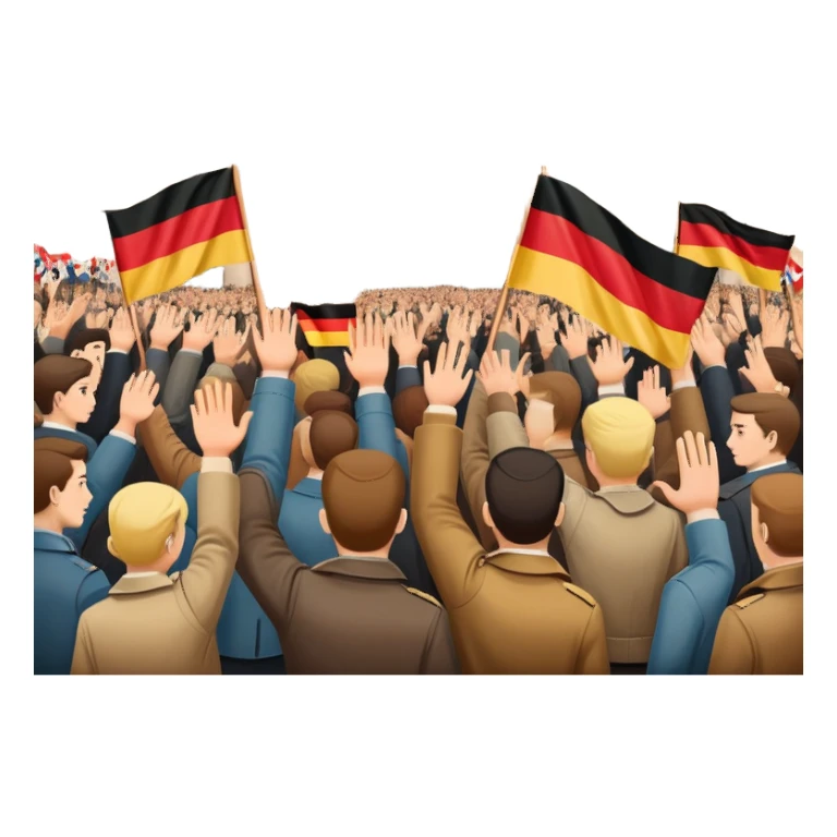 group of protesters, some waving East and West German flags, Berlin Wall behind, 1950s and 60s sticker