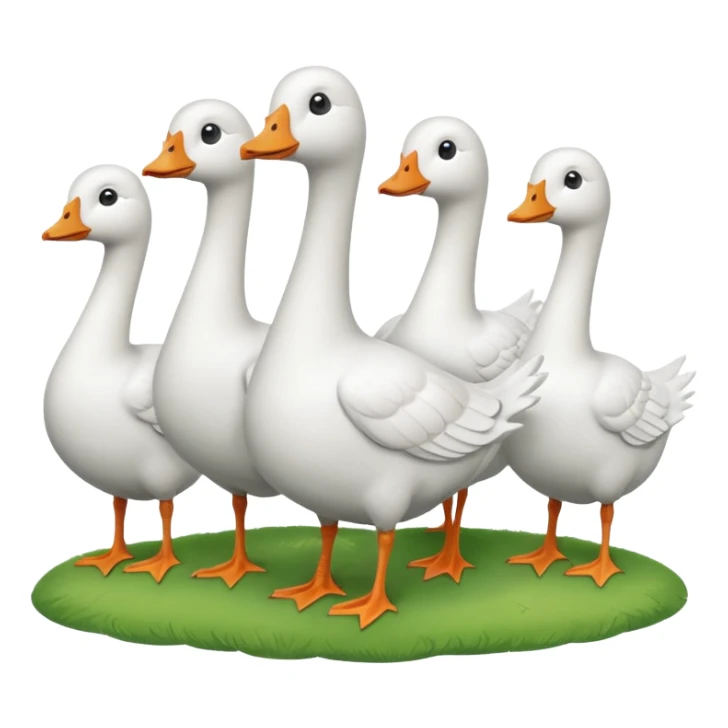 9 white geese standing on a green hill, front view, foggy sticker