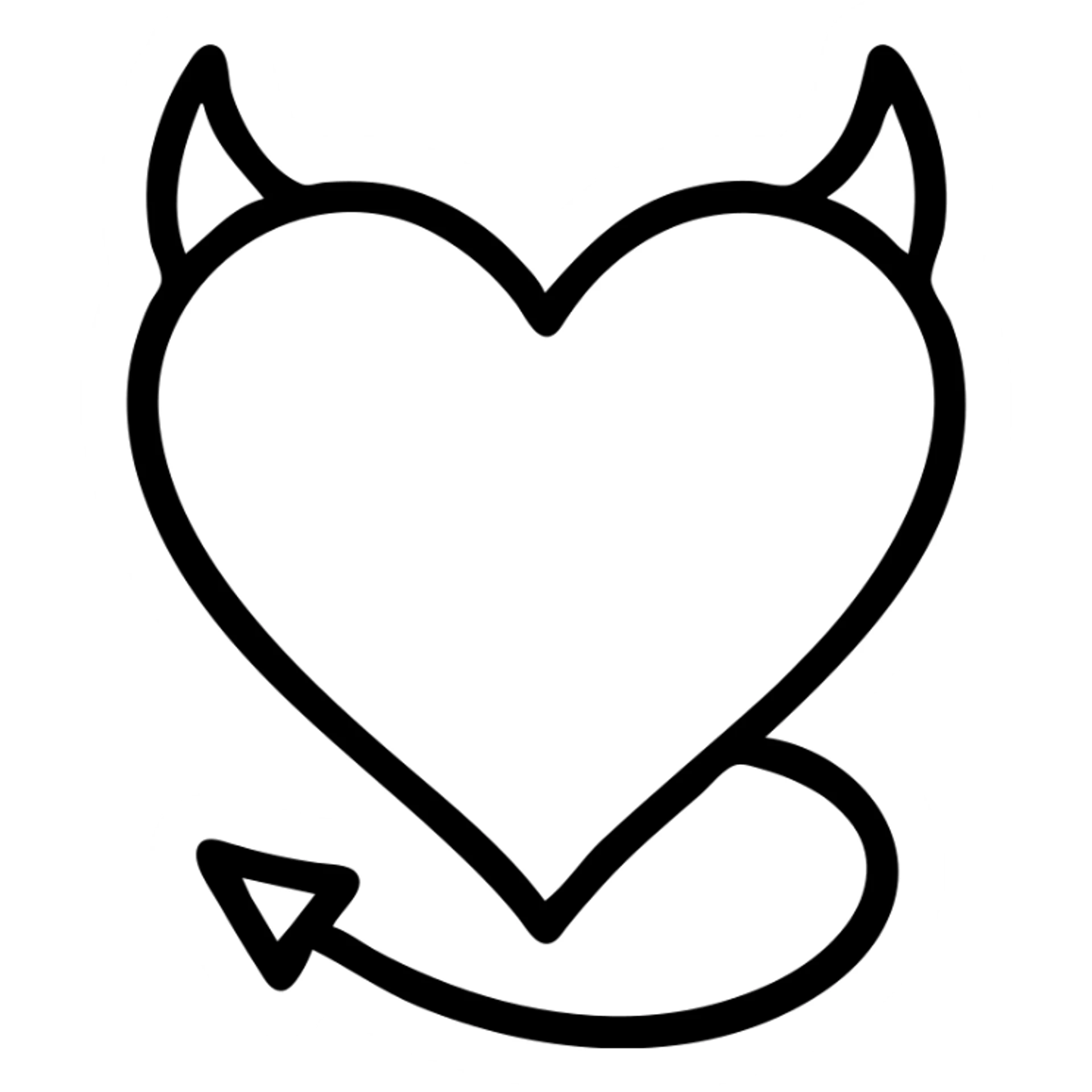 minimalist devil heart icon, monochrome black, heart with horns and tail sticker