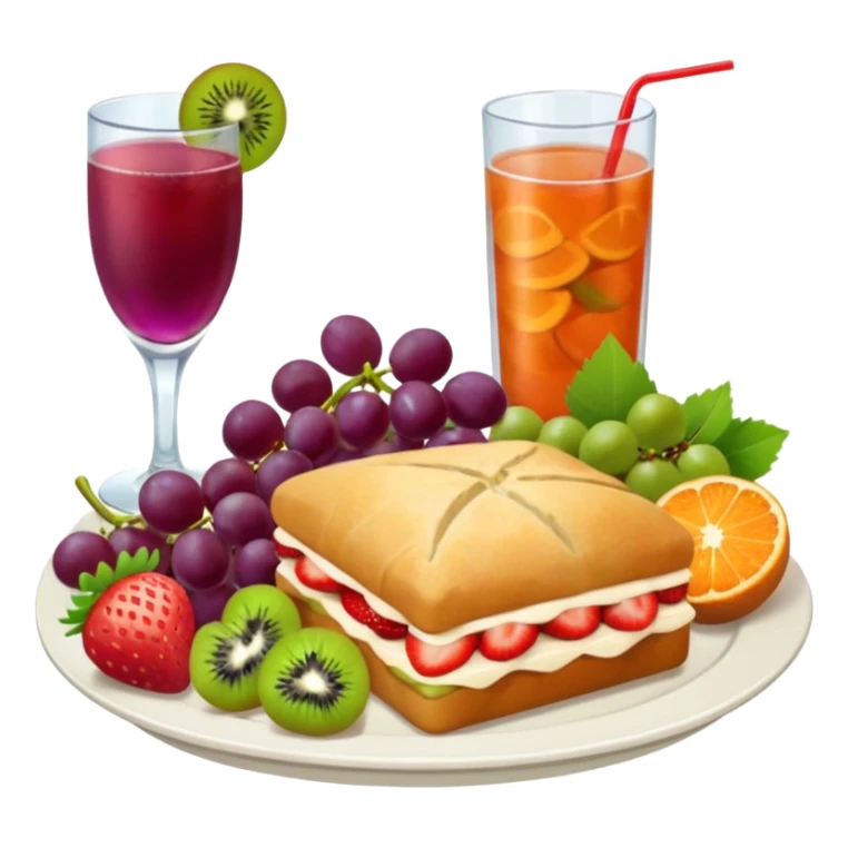 Crie uma bandeja de frutas e salgados coxinha e pão e lasanha sucos drink sticker