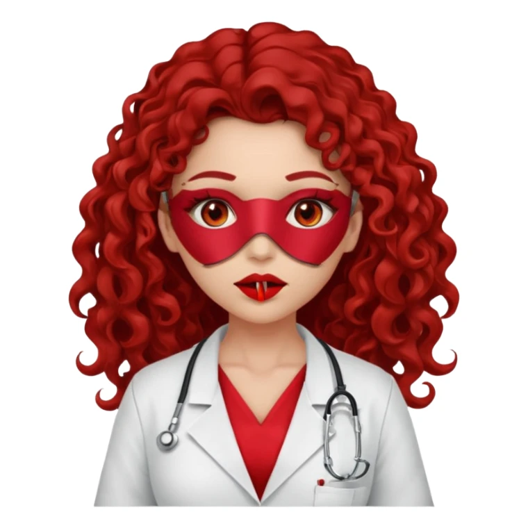Sensual Spanish Lilith core evil surgeon.red outfit.  Surgeon has red eyes. Her hair is BROWN. Hair is also  long and  curly. wearing a sexy surgeon outfit with platform heels.she is a calculated smart cereal killer. She covers only her mouth and nose to hide identity  sticker