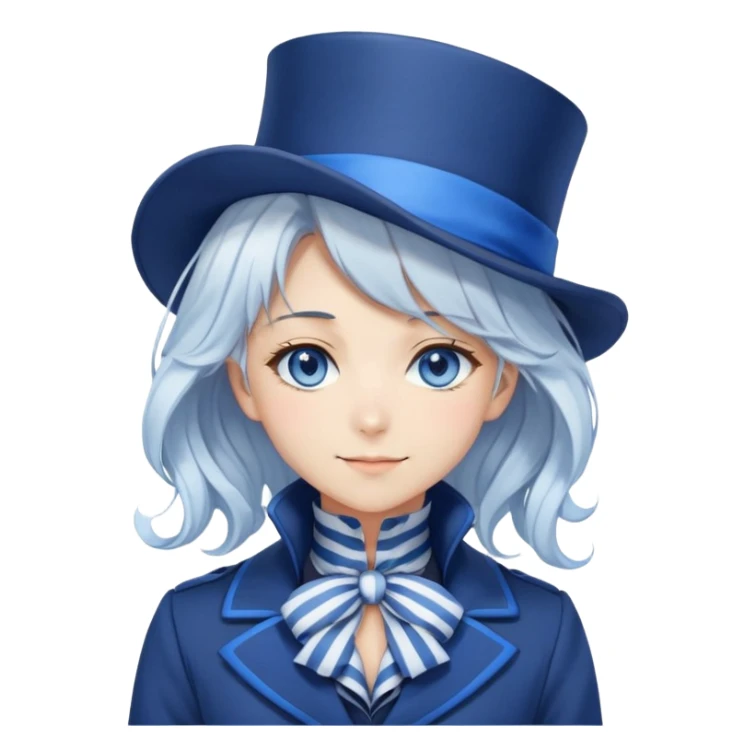 Beautiful gorgeous anime lady with white wavy hair with thin blue stripes, blue eyes, blue short top hat, smug grin, blue coat, blue cravat, white gloves sticker