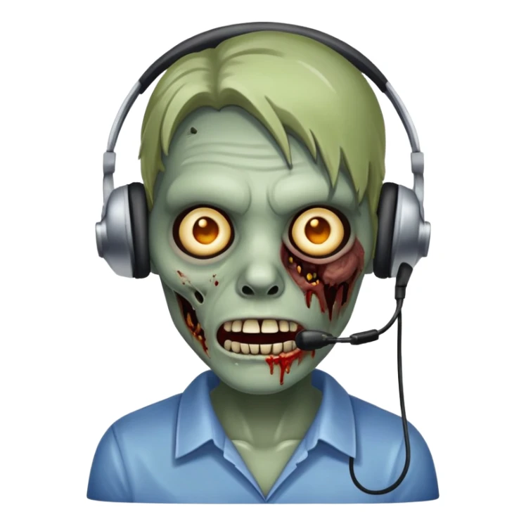 zombie customer service representative with headset and rotting face sticker