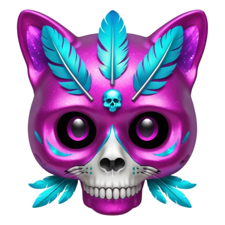 Glittery magenta hollow cat-skull with cyan feathers sticker