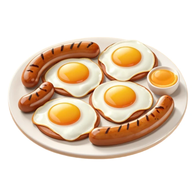sausage and eggs object icon, fried eggs with sunny yolks, grilled sausages, warm breakfast vibe, delicious food presentation, 3D cartoon style, mobile game icon style, centered, clean background, no text, no watermark
 sticker