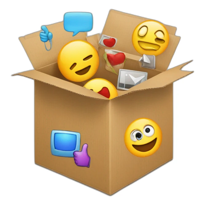 Video icons, camera, logos, likes, thumbs up, marks, views, coverage, applause fly out of a Cardboard box sticker