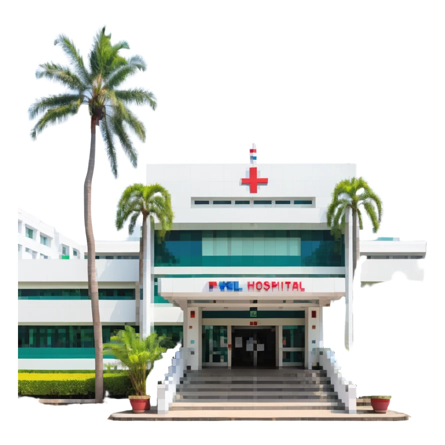 Bangkok hospital with tropical palm trees and Thai style entrance sticker