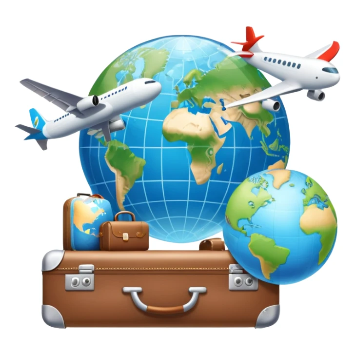 An icon featuring a suitcase, a hotel building, and one globe, symbolizing tourism and hospitality. The design includes a plane and a map, representing travel and accommodation services. Transparent background highlights the global nature of tourism and the hospitality industry. sticker