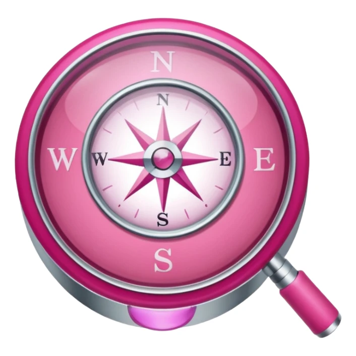 mix light pink dark pink and white girly internet compass logo with a small magnifying glass sticker