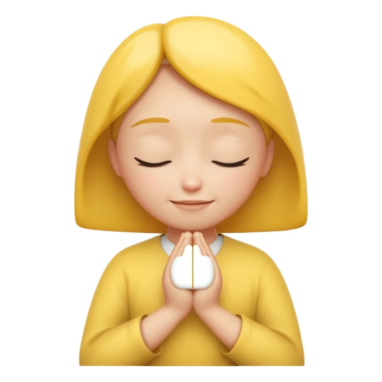 A 3D Apple-style yellow round emoji, calm and patient expression, closed eyes with a gentle smile, hands together in front as if waiting or praying, soft relaxed eyebrows, subtle glow around the head to symbolize patience, clean minimal background sticker