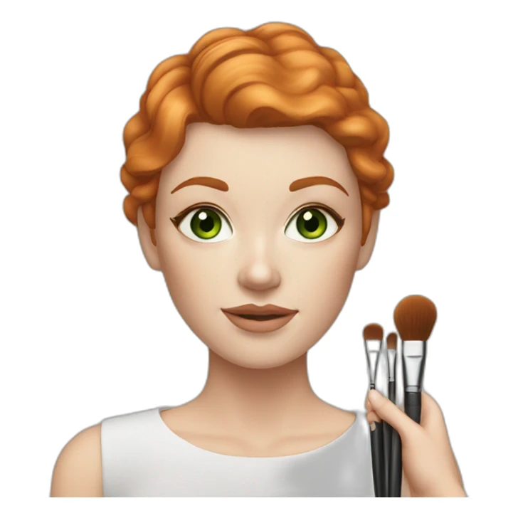 Ginger short hair, White woman with makeup brushes in hand, green eyes sticker