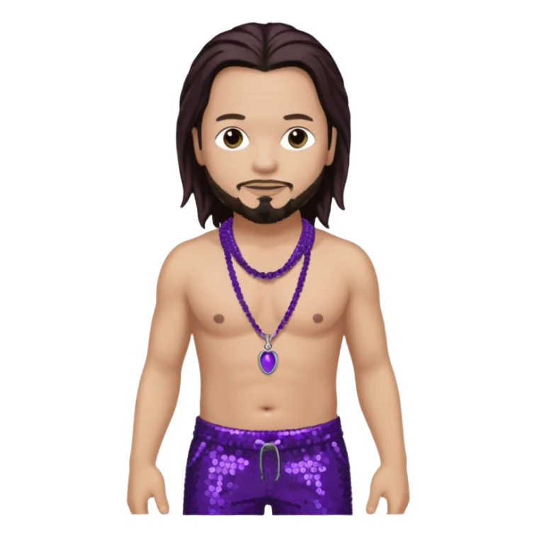 Jonathan Davis with purple sequin baggy pants, shirtless with necklace, long dark brown hair, light skin sticker
