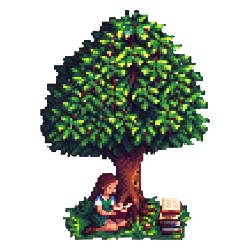a girl reading a book beneath a tree, pixel art style sticker