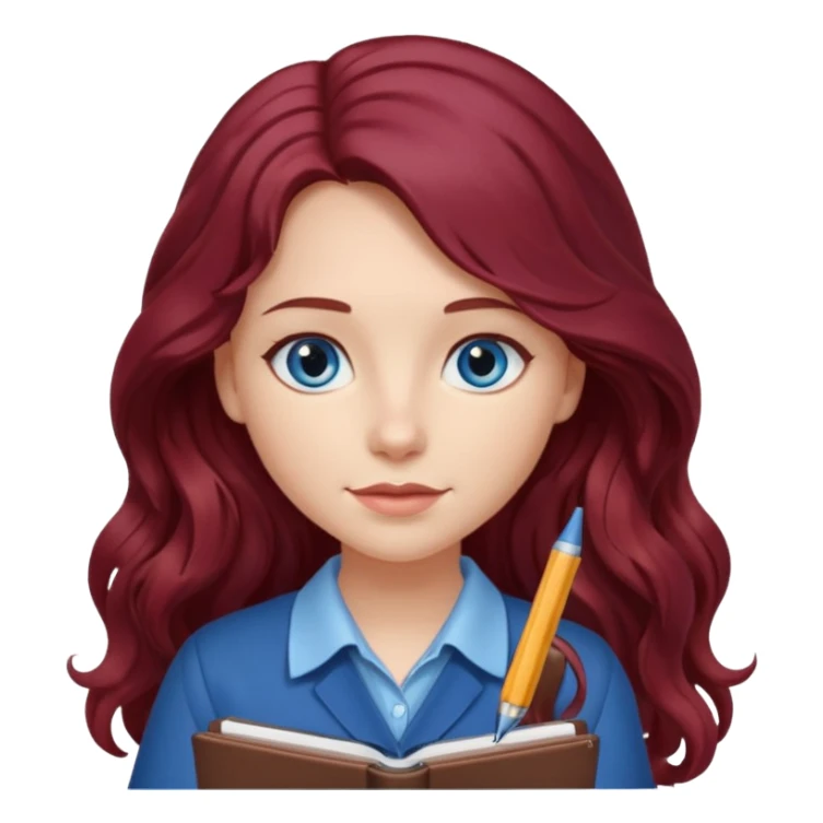 girl with long wavy burgundy hair, blue eyes and a notebook sticker