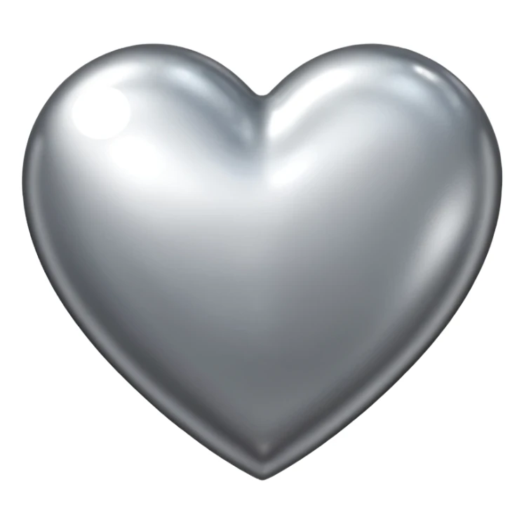 Liquid chrome heart emoji, silver metallic color, iOS emoji style, smooth reflective surface, rounded shape, realistic highlights, minimal background sticker