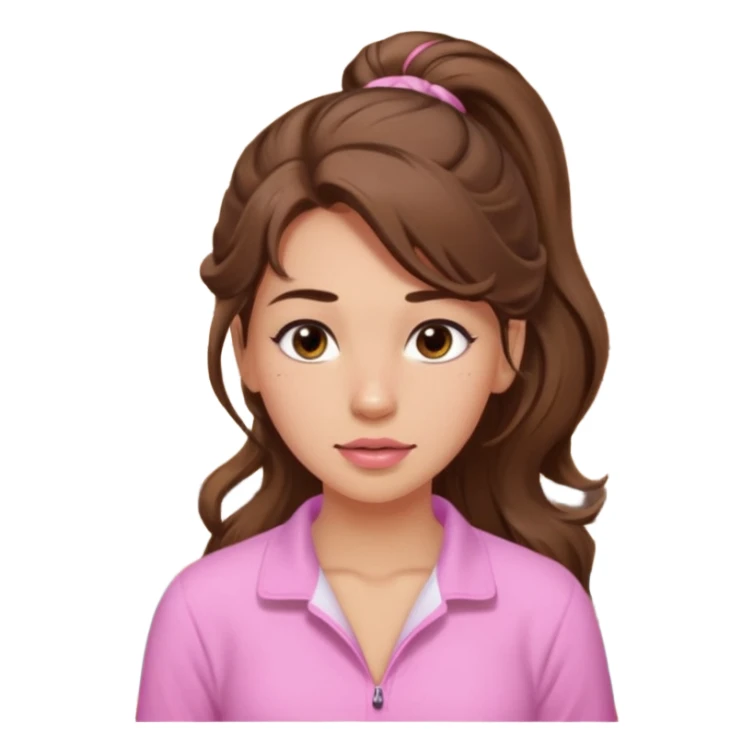 girl with wavy long ponytail brown hair, brown eyes, light to medium complexion, long lashes, light pink lipstick, wearing light pink shirt, in a sauna sticker