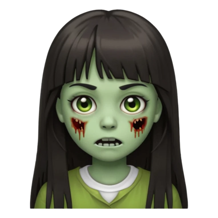 Emoji de guria zombie com cabelo longo, escuro e liso com franja, olhos escuros e boca pequena. sticker