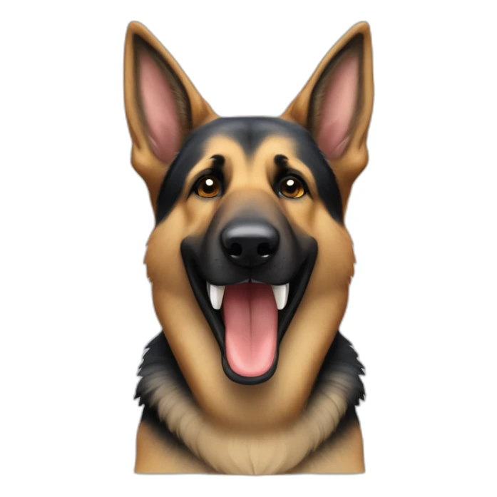German Shepherd dog with a tooth that is visibly longer or misaligned, protruding from its mouth on the left side sticker