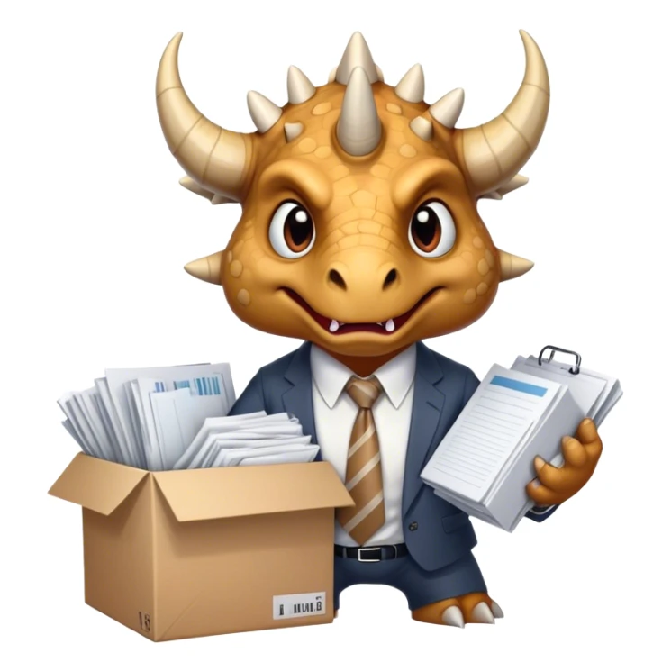 angry office triceratops in a tie holding a huge boxe bursting with a lot of documents and papers sticker