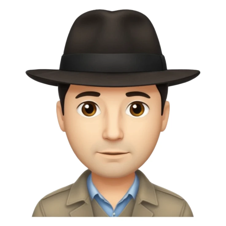 A light-skinned middle-aged man with short dark hair, and a black fedora, with an oval face and calm look. sticker