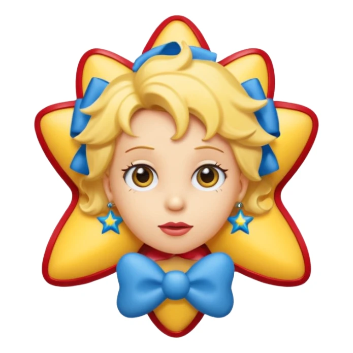 3D emoji head-only, smooth plastic, soft studio light, big round eyes, bold outline, centered, transparent bg,
Maggie Simpson, yellow skin, eight-point star hair with blue bow, red pacifier sticker