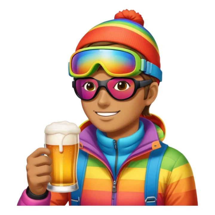 After-ski, a skier, with modern rainbow-colored skiing goggles, drinking beer sticker
