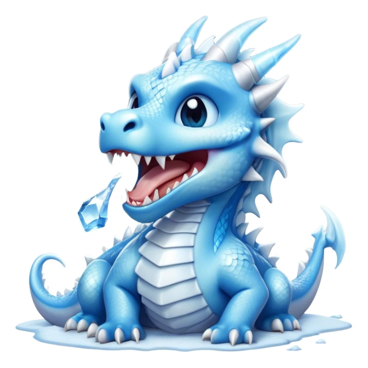 Cinematic Cute Yawning Beautiful Ice Dragon Portrait Emoji, Head tilted slightly with a dramatic, wide-open yawn, revealing a softly crystalline body with subtly drooping, frost-laden scales in cool blues and silvery hues, each detail rendered with natural icy finesse; high shine, relaxed yet elegant, styled with a dash of enchanted winter charm, soft glowing outline, capturing the essence of a sleepy yet graceful ice drake ready to stretch out and melt into a serene, frozen slumber! sticker