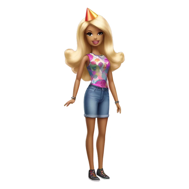 Barbie doll full body image holding a balloon and wearing a party hat  sticker