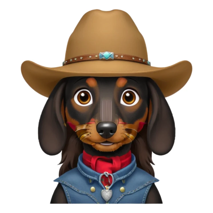 mostly black with some brown long hair daschund with a cowboy hat sticker