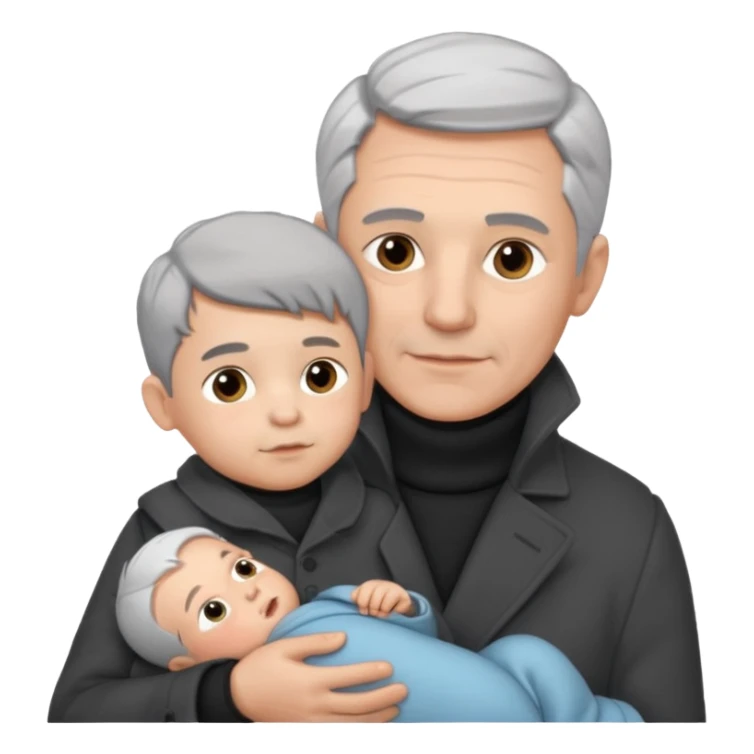 A father with silver-grey hair styled neatly and a clean-shaven face, wearing a dark turtleneck and wool coat, holding his baby sticker