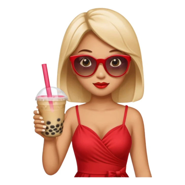Female in red dress, holding bubble tea, wearing sunglasses sticker