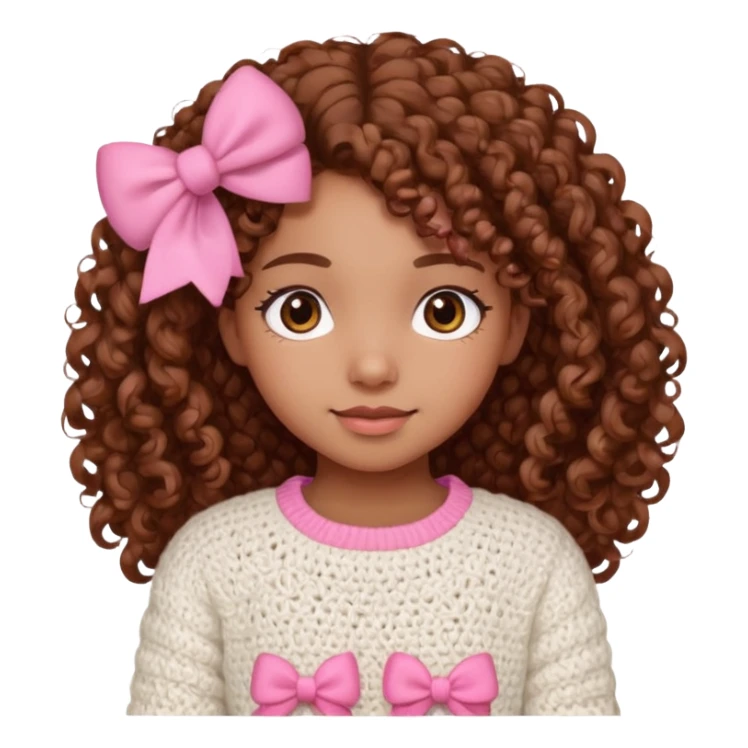 A light brown skinned girl, with cheeks, curly hair, wearing a white sweater with pink crochet bows on her sleeves sticker
